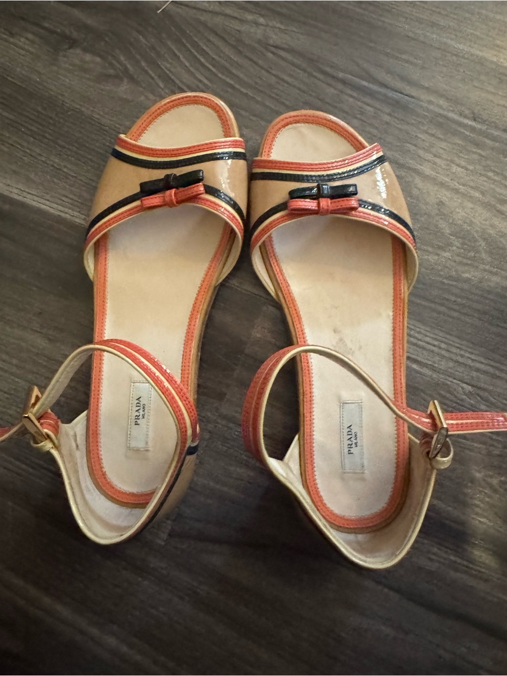 Prada Beige and Orange Trim Open-Toe Sandals with Black Bow